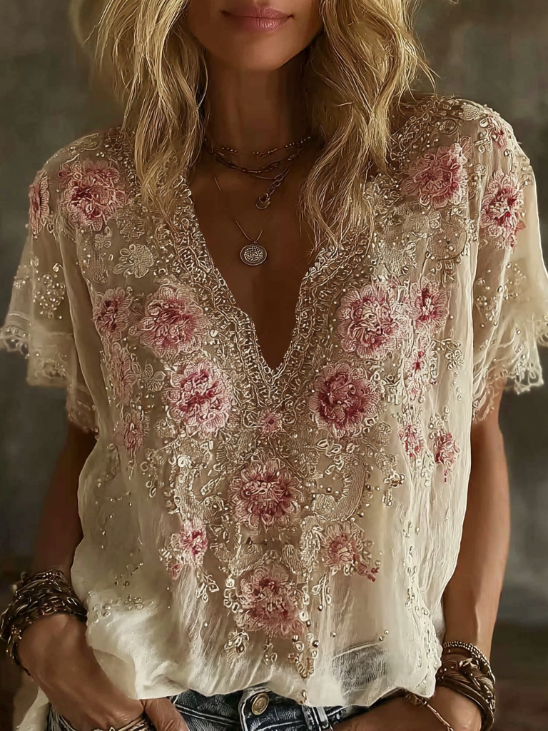 Women's Vintage Rose Floral Embroidery Cotton V  Neck T-shirt
