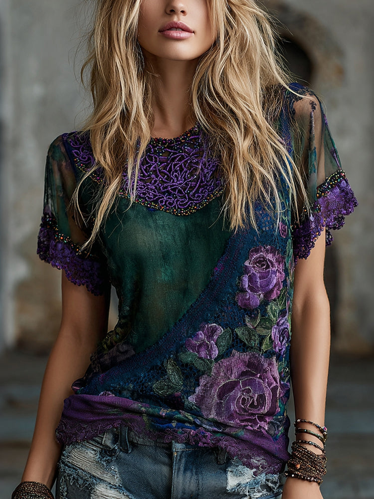 Women's Vintage Floral Lace Art Color Blocking Pattern Casual T-shirt