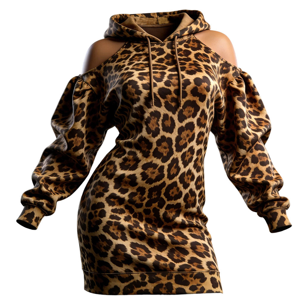 Women's Vintage Leopard Print Off-Shoulder Hoodie Dress