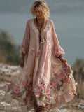 Vintage Boho Pink Roses Embroidered Lace Flowy Linen Maxi Dress