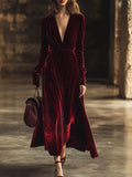 銆�24-hour shipping out銆慥-Neck Retro Solid Color Velvet Long-Sleeved Midi Dress