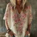 Women's Vintage Rose Floral Embroidery Cotton V  Neck T-shirt