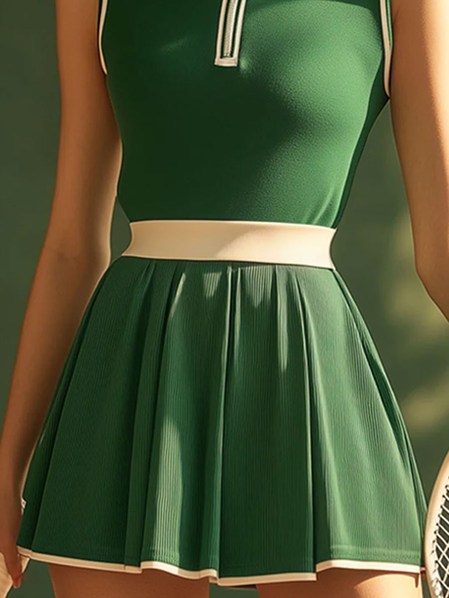 銆�24-hour shipping out銆慍asual Fashion Polo Neck White Trim Green Sleeveless Mini Dress