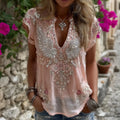 Women's Vintage Wing And Rose Art V-neck Short Sleeve Linen Blend Blouses