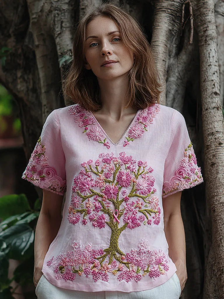 Women's Tree Of Life Breast Cancer Ribbon T-shirt