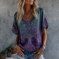 Women's Vintage Tree Of Life Floral Gradient Art Flowy Linen Blend Casual Tops