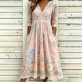 Vintage Small Floral Lace Embroidery Art Comfortable Cotton Linen Casual Long Sleeve Dress