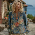 Women's Floral Embroidery Linen V-neck T-shirt