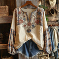 Retro Boho Floral With Plaid Patchwork Pattern Women's Top