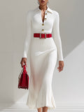 銆�24-hour shipping out銆慦hite Wool Lapel Button Design Maxi Dress