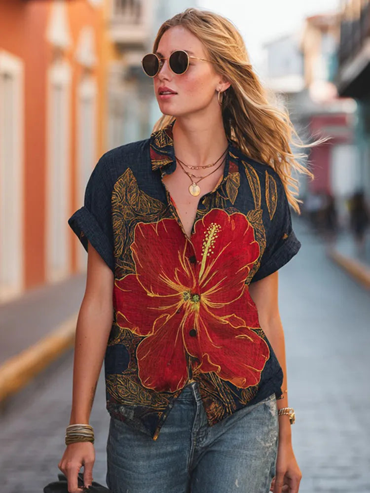 Women's Retro Hibiscus Casual Linen Blend Shirt