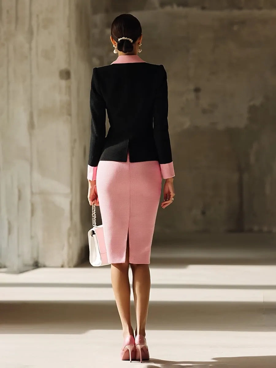 銆�24-hour shipping out銆態lack Contrast Pink Knitted Jacket And Skirt Set