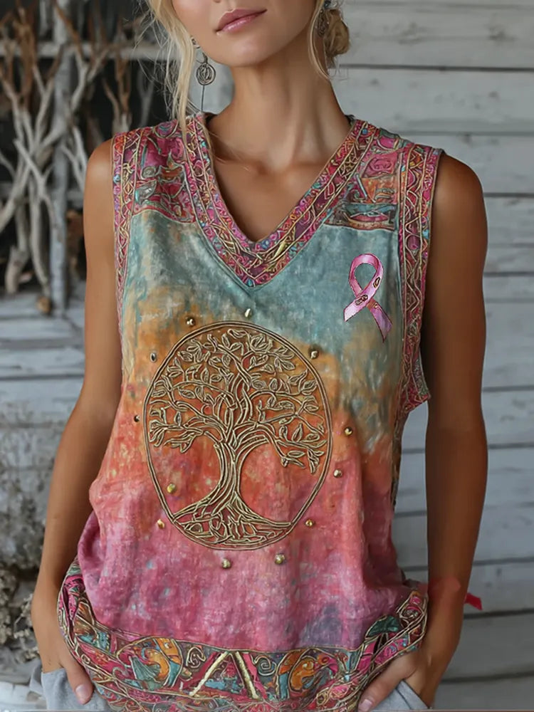 Women's Vintage Cancer Awareness Ribbon And Tree Of Life Gradient V Neck Art Linen Sleeveless Tank Top