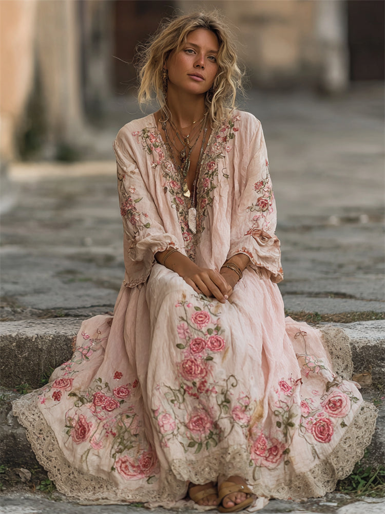 Vintage Pink Roses Vines Embroidered Linen Maxi Dress