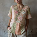 Women's Vintage Floral Art Stitching V-neck T-shirt