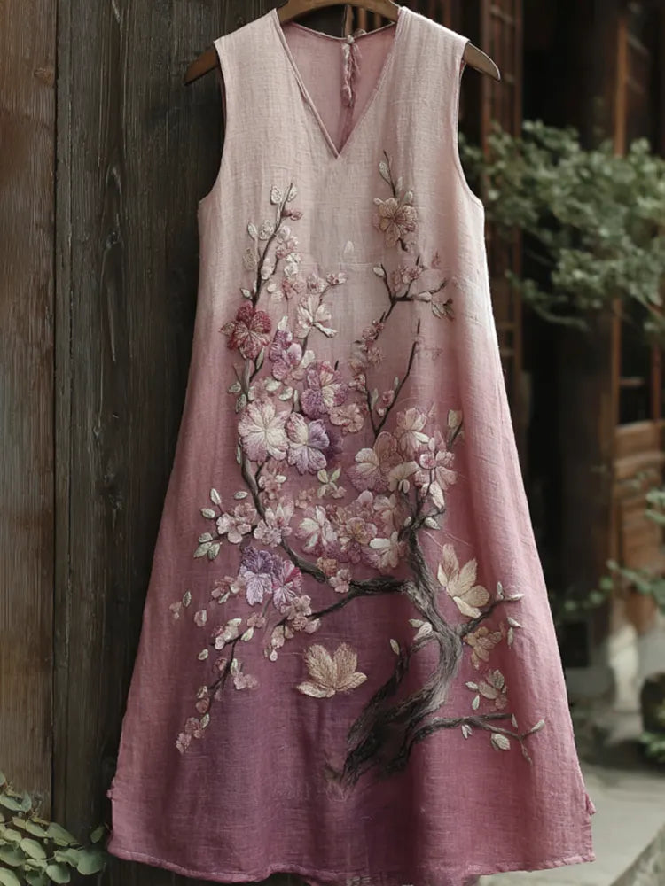 Women's Plum Blossom Embroidery Art V Neck Comfy Midi Dress