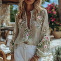 Women's Floral Embroidery Linen V-neck T-shirt