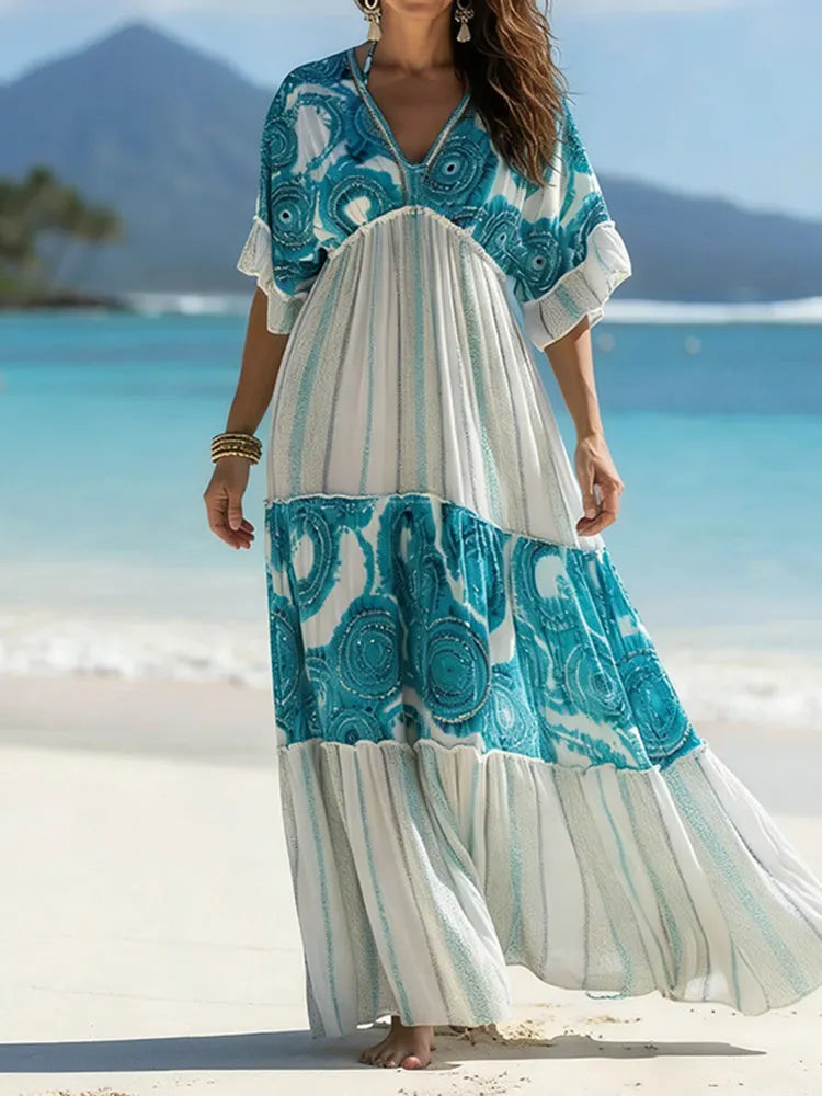 Vintage Boho Arc-shaped Tie-dye With Line Art Color Block Maxi Dress