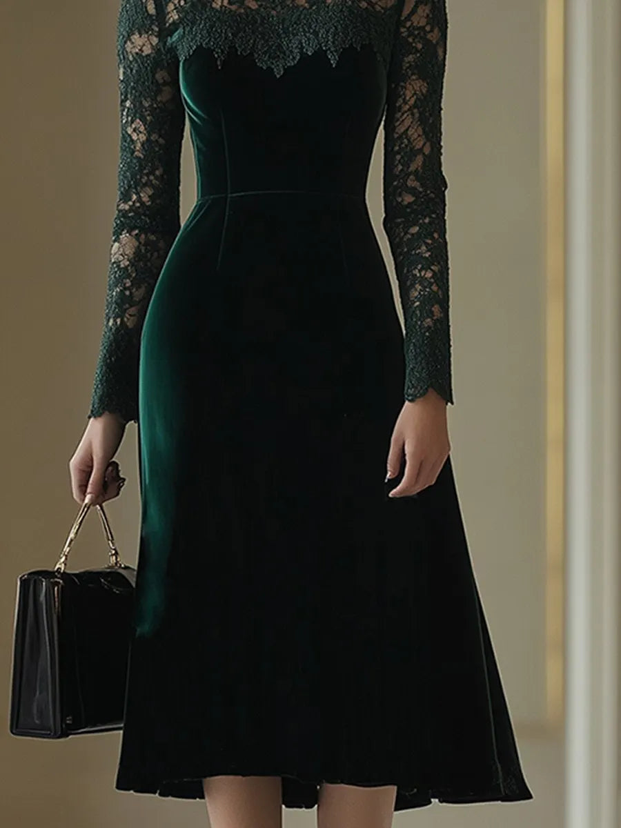 銆�24-hour shipping out銆慐legant Retro Velvet Stitching Lace High Collar Long Sleeve Midi Dress