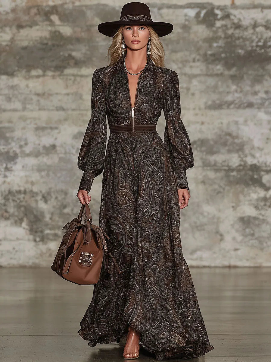 Fashion Retro Paisley Pattern Zipper Maxi Dress