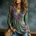 Women's Vintage Romantic Floral Art Linen Blend Long Sleeve Tops