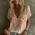 Women's Vintage Rose Floral Embroidery Cotton V  Neck T-shirt