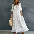 Women's Vintage Romantic White Floral Art Linen Blend Round Neck Maxi Dress