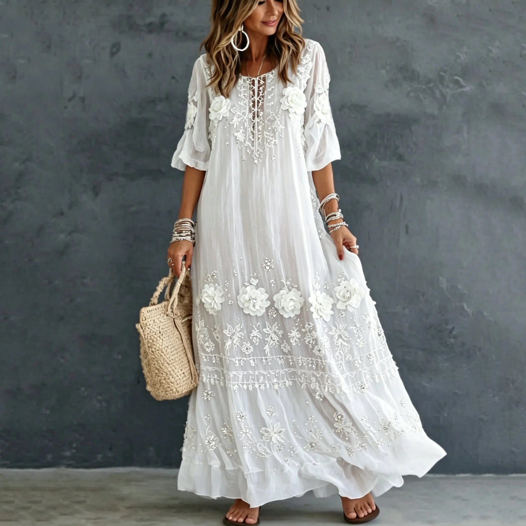 Women's Vintage Romantic White Floral Art Linen Blend Round Neck Maxi Dress