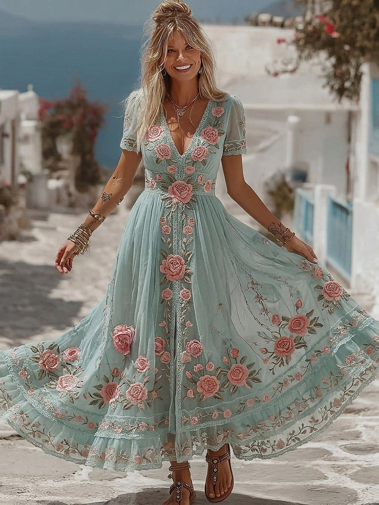Women's Bohemian Rose Pattern Casual Resort Short-sleeve Dress