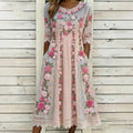 Women's Vintage Floral Embroidered Art Round Neck Midi Dress