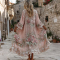 Women's Bohemian Pink Floral Embroidered Art Casual Linen Blend Long Cardigan
