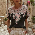 Women's Floral Art Lace Embroidery Cotton Linen Round Neck T-shirt