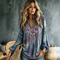 Women's Romantic Floral Art Linen Blend V Neck Long Sleeve Tops