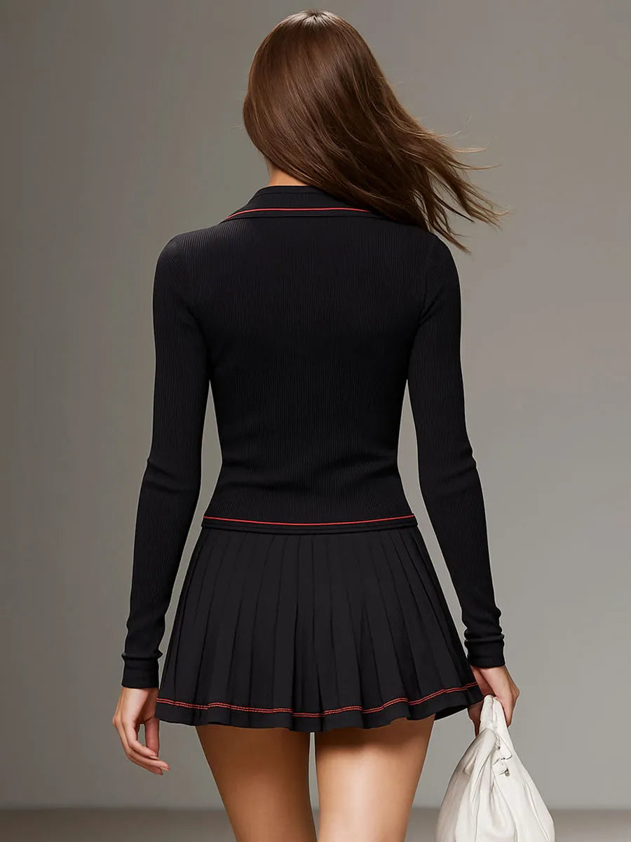 Contrast Hem Long Zip-up Top And Pleated Skirt Sports Suit