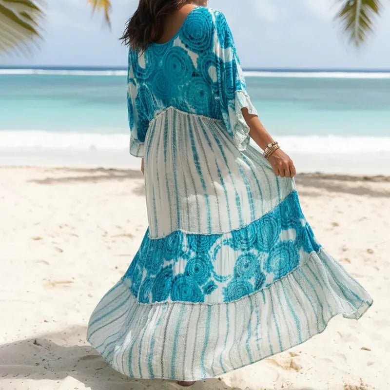 Vintage Boho Arc-shaped Tie-dye With Line Art Color Block Maxi Dress