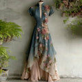 Women's Elegant Gradient Flowers Embroidery Irregular Ruffle Maxi Dress