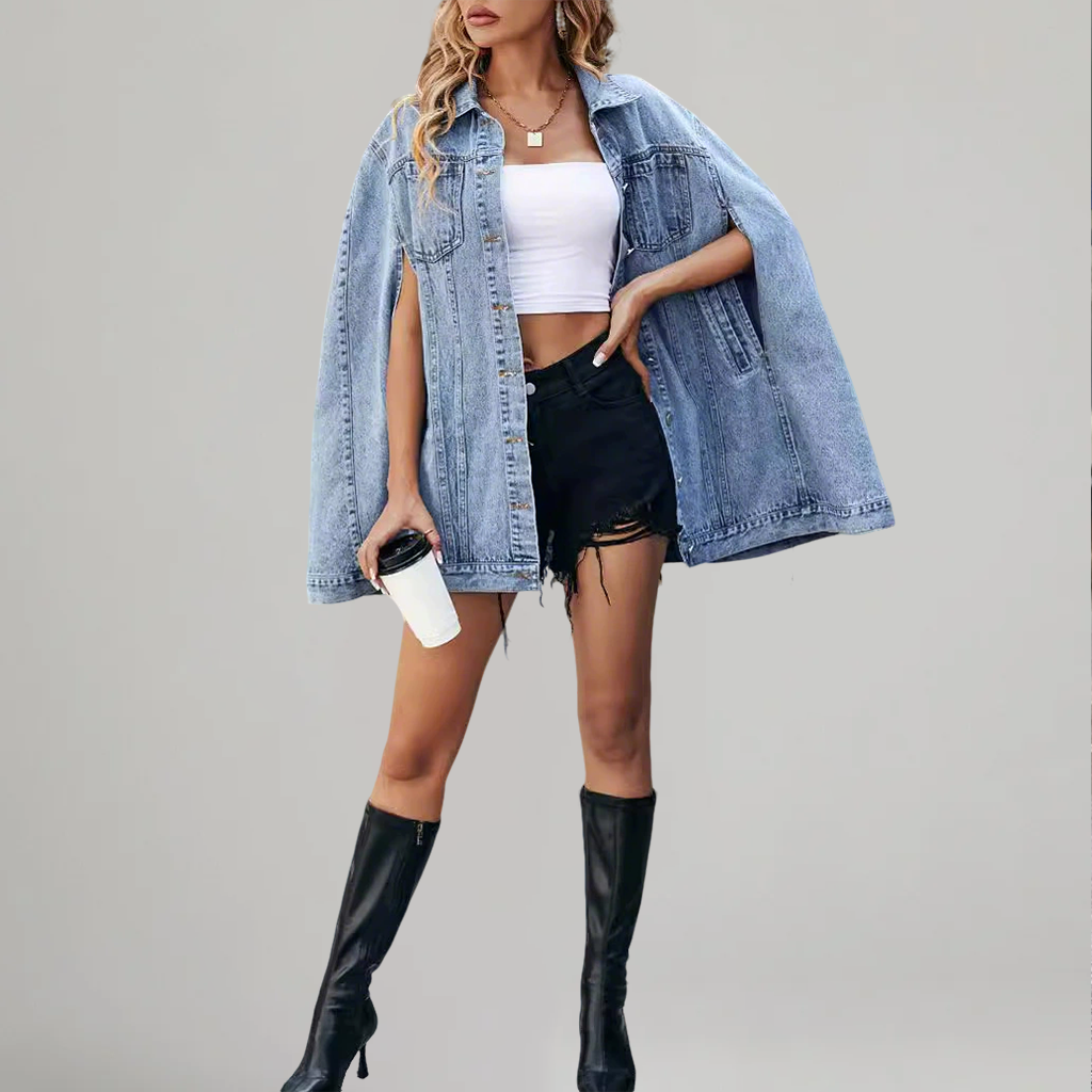 Women's Fashion Shirt Collar Cape Sleeve Pockets Buttons Denim Jacket
