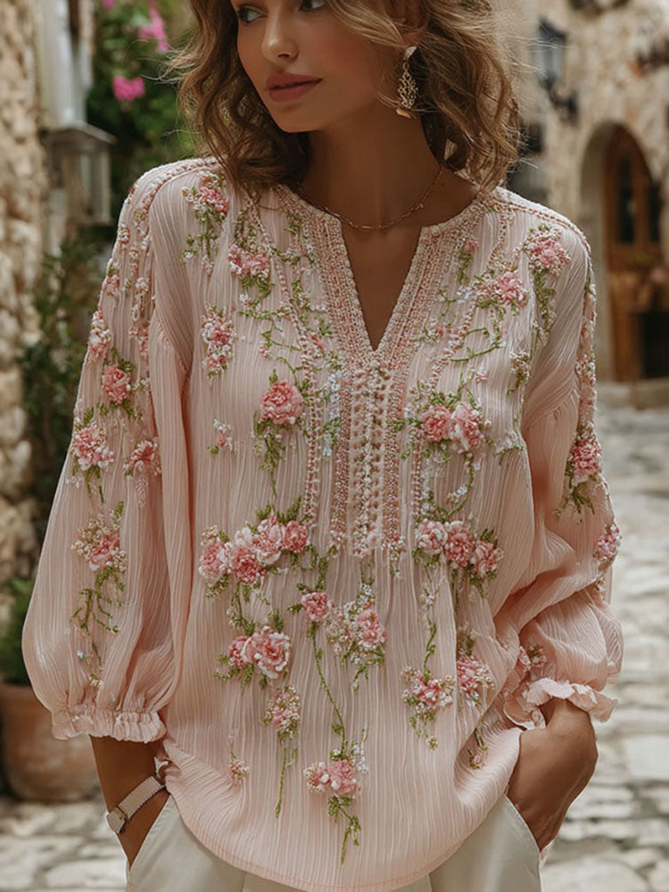 Women's Floral Art Embroidery Cotton Linen V-neck T-shirt