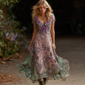 Women's Retro Purple Floral Gradient Pattern Casual Short-sleeve Dress