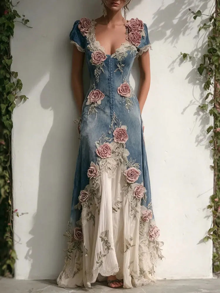 Women's Vintage Elegant Roses Embroidered Art Patchwork V Neck Short Sleeve Maxi Dress