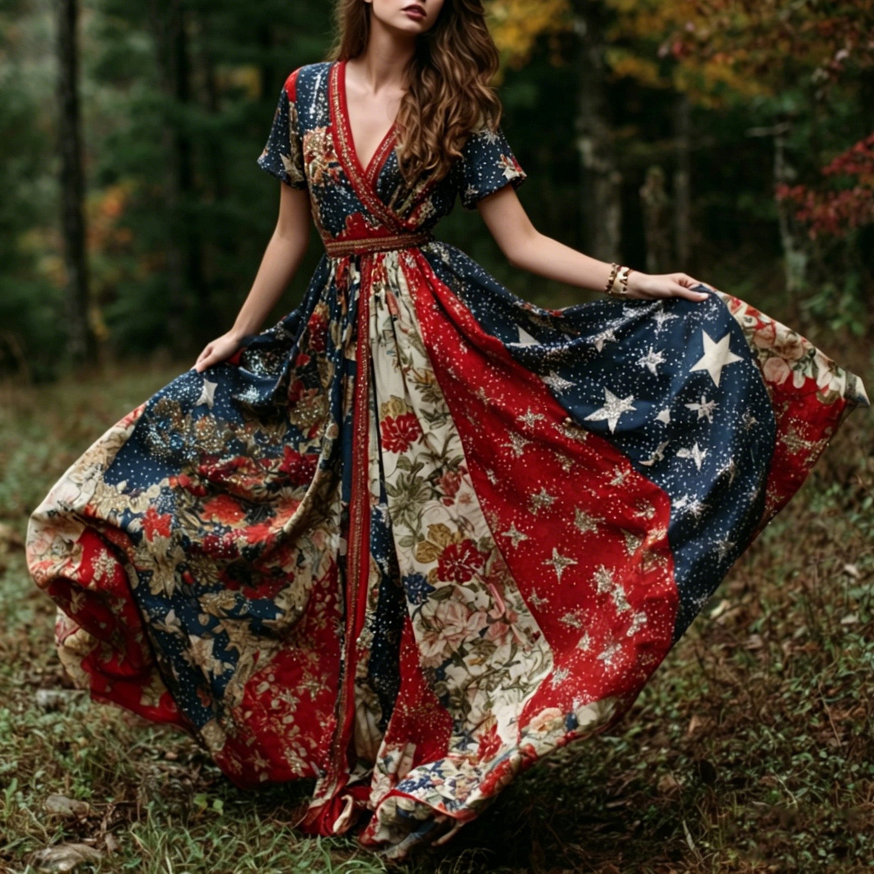 Women's Retro American Flag Floral Print V-neck Short-sleeve Dress