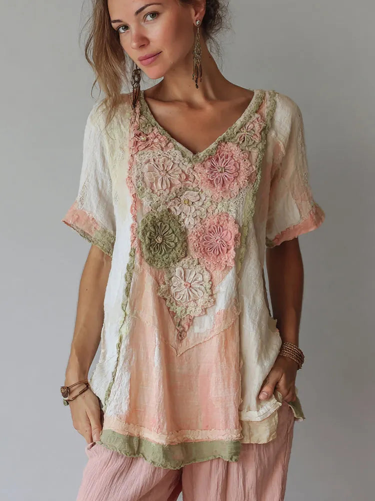 Women's Vintage Floral Color Block Linen Short Sleeve T-shirt
