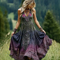 Women's Romantic Celtic Knot With Floral Art Linen Blend  V Neck Tank Dress