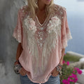 Women's Vintage Wing Rose Embroidery Art V Neck Short Sleeve T-shirt
