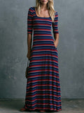 Retro Lazy Comfortable Square Neck Three-quarter Sleeves Striped Knit Maxi Dress