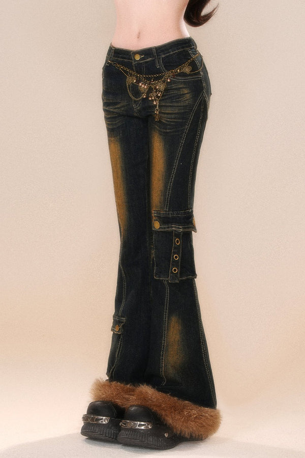 Retro Distressed Fluffy Denim Bell Bottom Pants