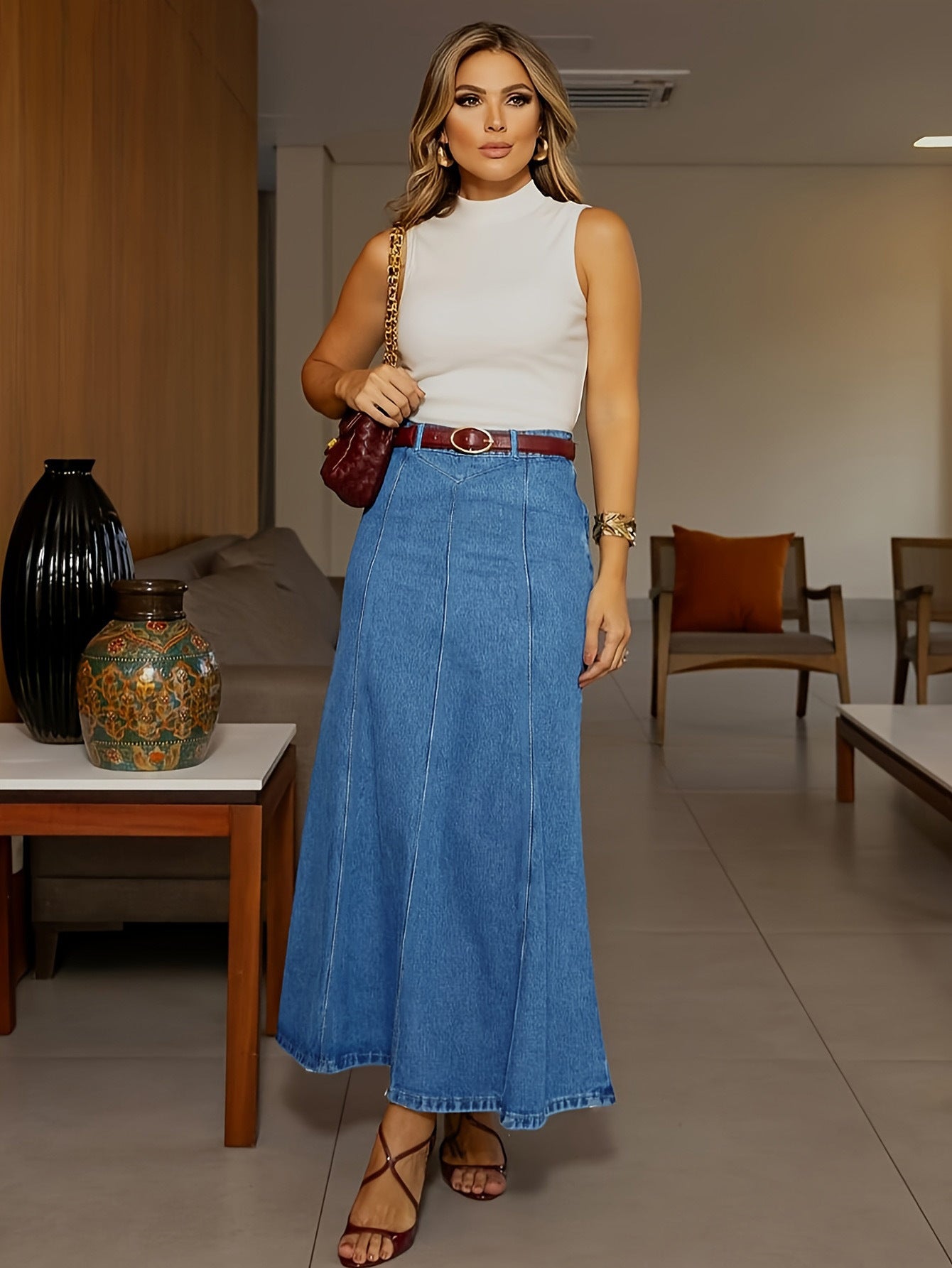 Women's High-Waist A-Line Denim Maxi Skirt💞