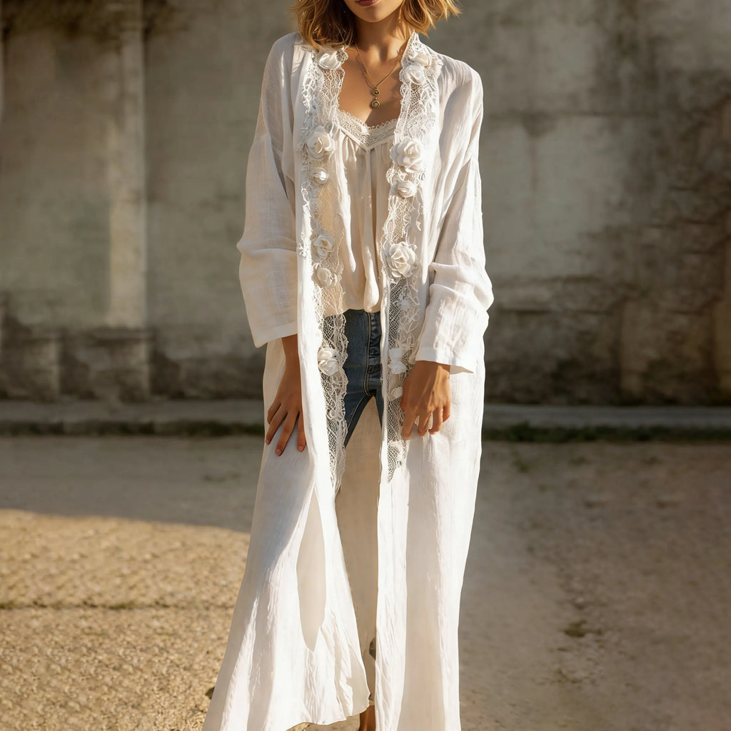 Women's Vintage Bohemian Floral Lace Art Casual Linen Blend Long Cardigan