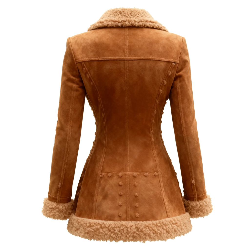 Women's Vintage Button-Down Lambswool Lapel Mid-Length Jacket Top
