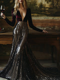 銆�24-hour shipping out銆慥-Neck Stylish Elegant Solid Color Velvet Sequined Long Maxi Dress